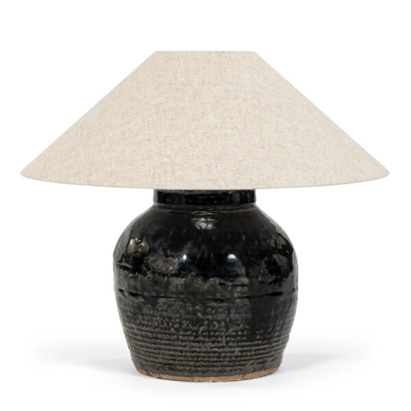 Ribbed Black Glazed Table Lamp with Linen Shade