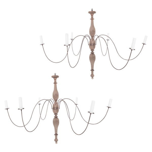 Pair of Bleached Wood and Iron Chandeliers
